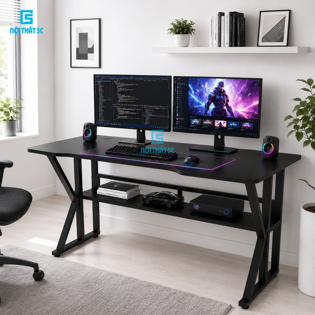 Bàn gaming, bàn làm việc có kệ lửng kèm phụ kiện giá đựng cốc và giá treo tai nghe tiện lợi