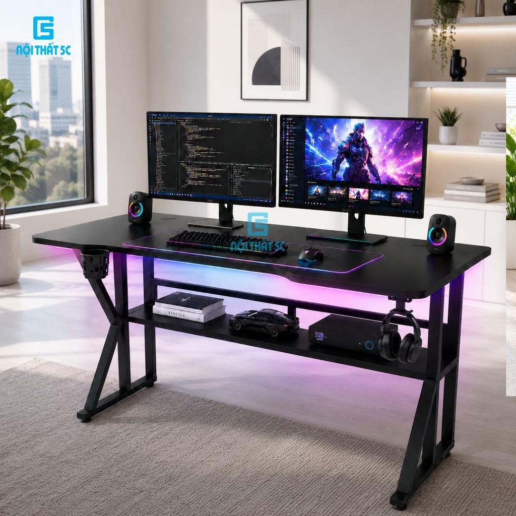 Bàn gaming, bàn làm việc có kệ lửng kèm phụ kiện giá đựng cốc và giá treo tai nghe tiện lợi
