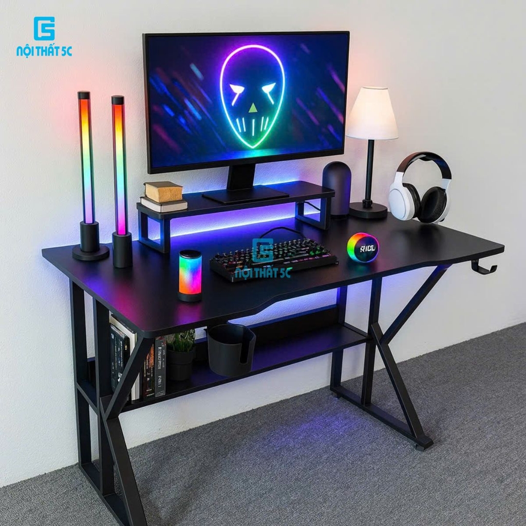 Bàn gaming, bàn làm việc có kệ lửng kèm phụ kiện giá đựng cốc và giá treo tai nghe tiện lợi