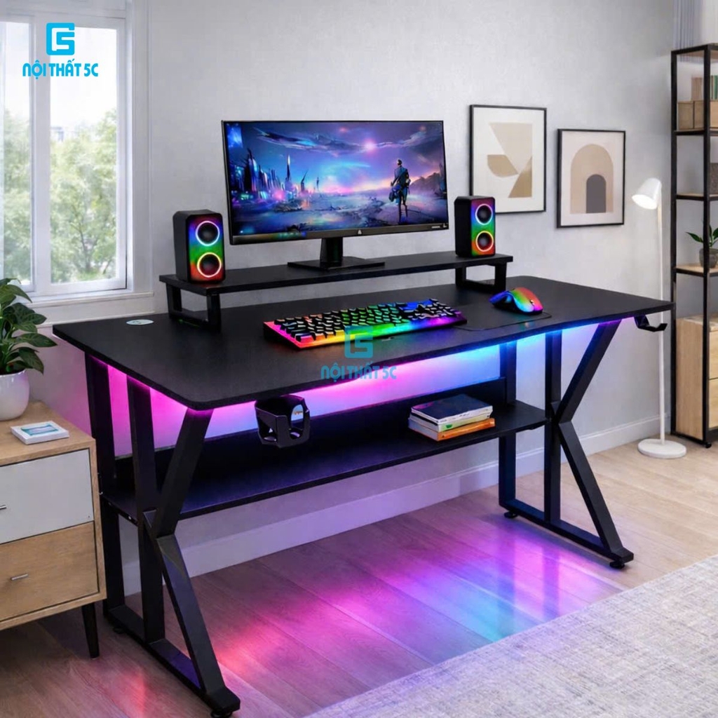 Bàn gaming, bàn làm việc có kệ lửng kèm phụ kiện giá đựng cốc và giá treo tai nghe tiện lợi