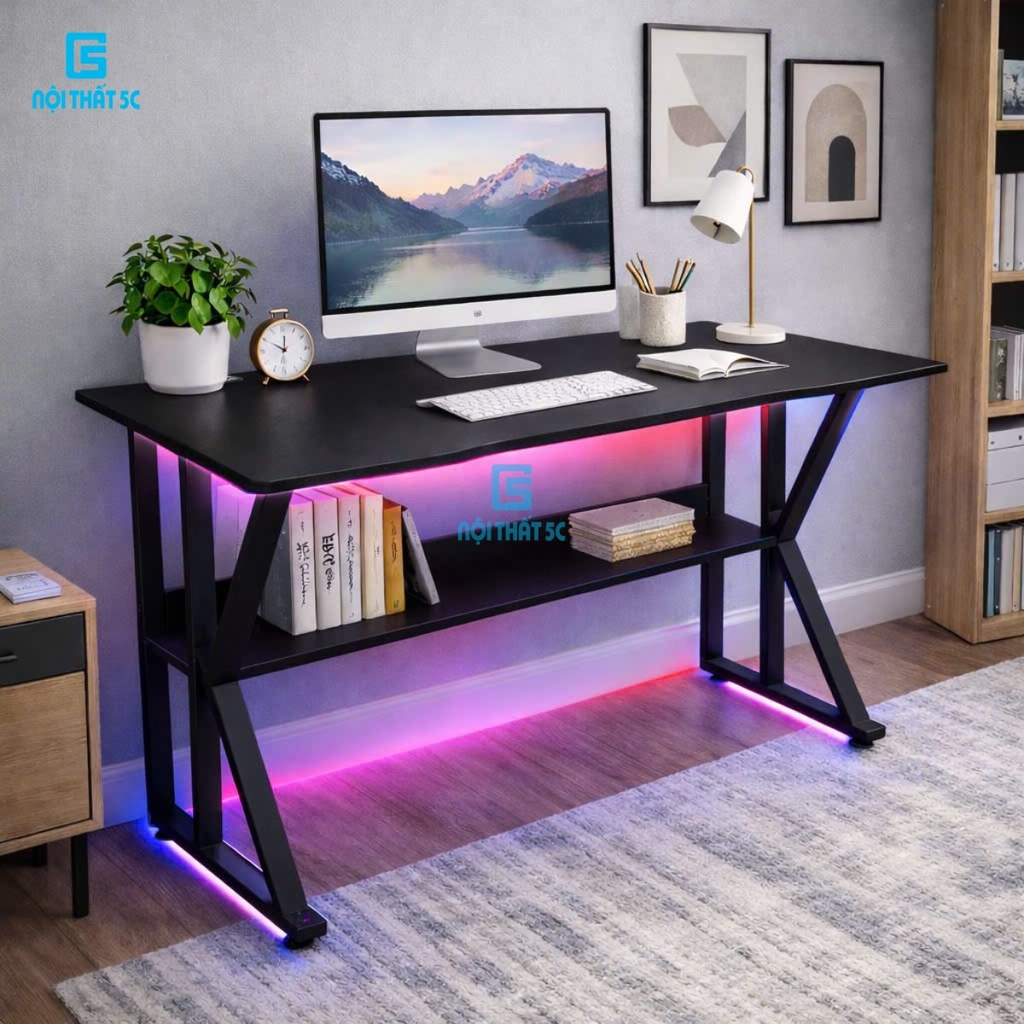 Bàn gaming, bàn làm việc có kệ lửng kèm phụ kiện giá đựng cốc và giá treo tai nghe tiện lợi