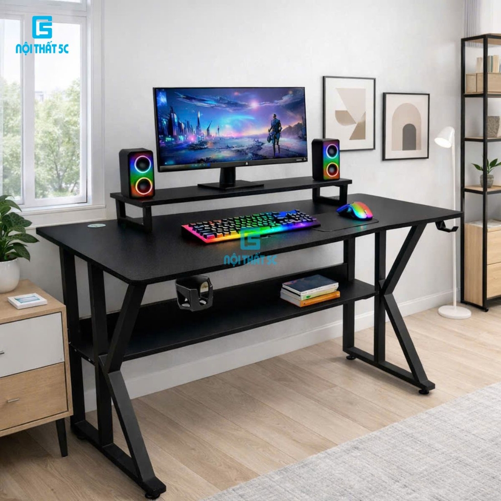 Bàn gaming, bàn làm việc có kệ lửng kèm phụ kiện giá đựng cốc và giá treo tai nghe tiện lợi
