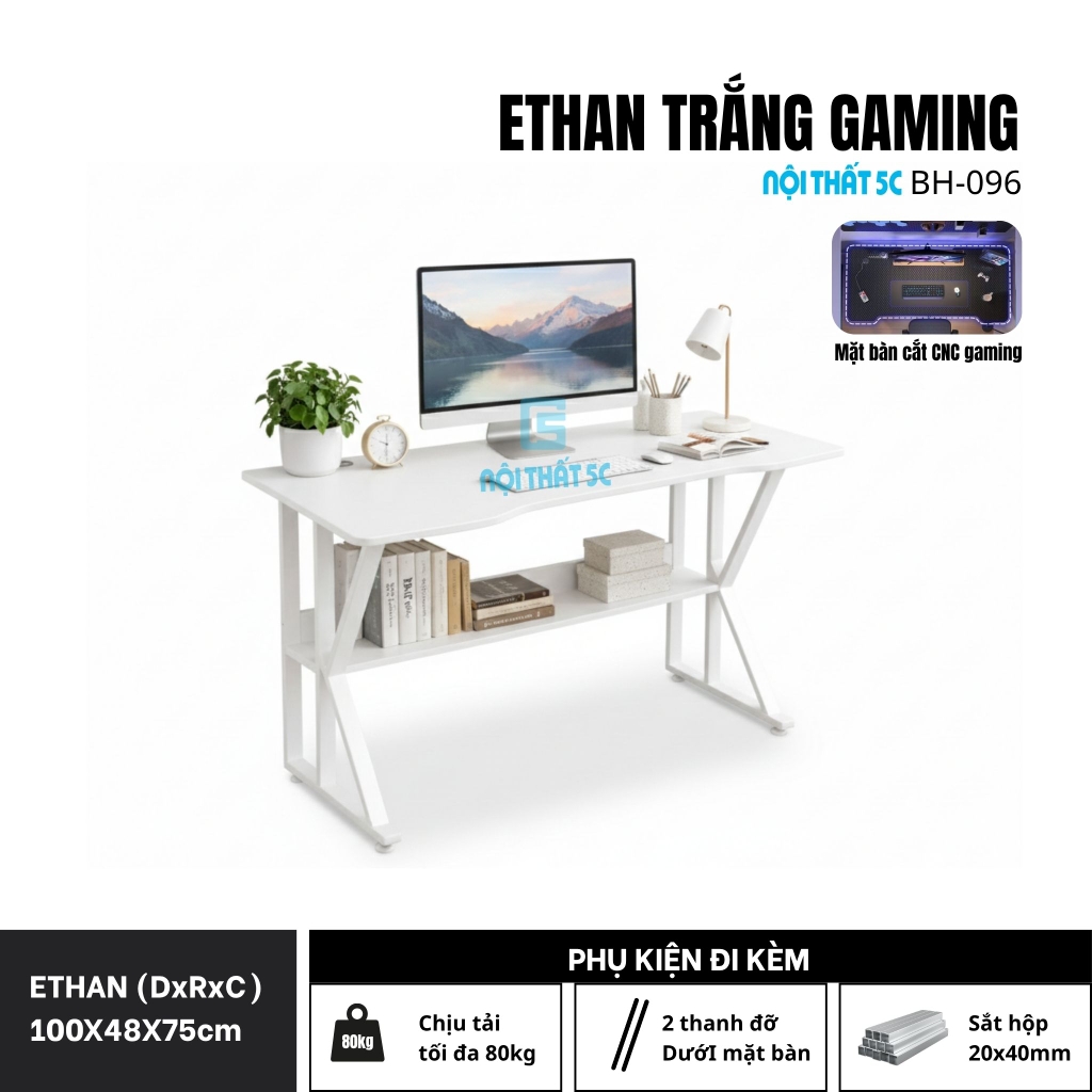 Bàn gaming, bàn làm việc có kệ lửng kèm phụ kiện giá đựng cốc và giá treo tai nghe tiện lợi