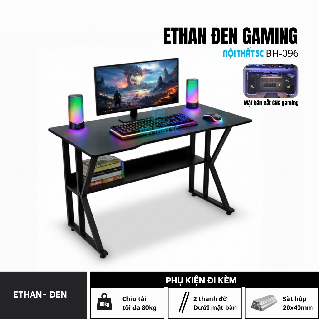 Bàn gaming, bàn làm việc có kệ lửng kèm phụ kiện giá đựng cốc và giá treo tai nghe tiện lợi