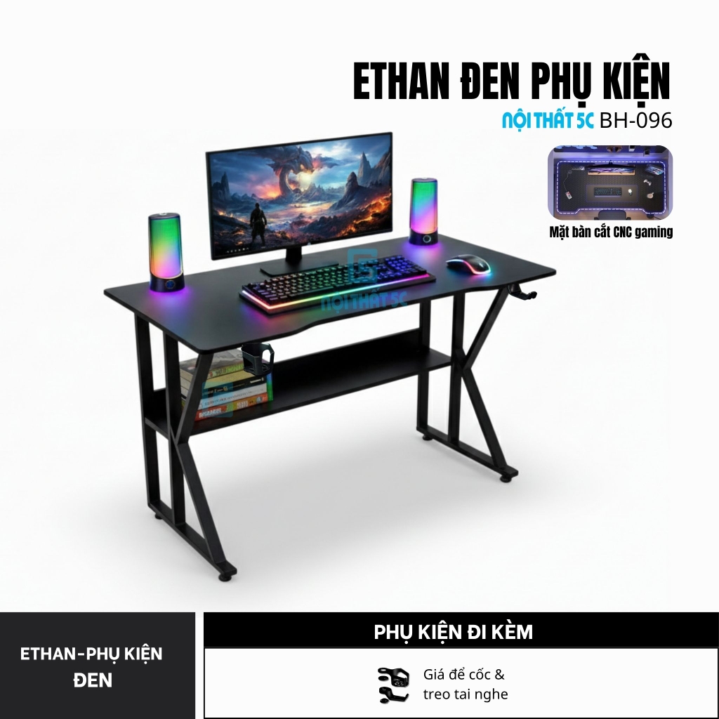 Bàn gaming, bàn làm việc có kệ lửng kèm phụ kiện giá đựng cốc và giá treo tai nghe tiện lợi