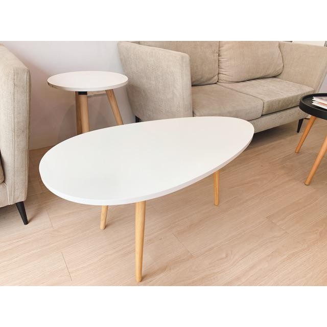 Bàn sofa, bàn trà phòng khách hình trứng chân gỗ sồi tự nhiên có nệm chân chống xước