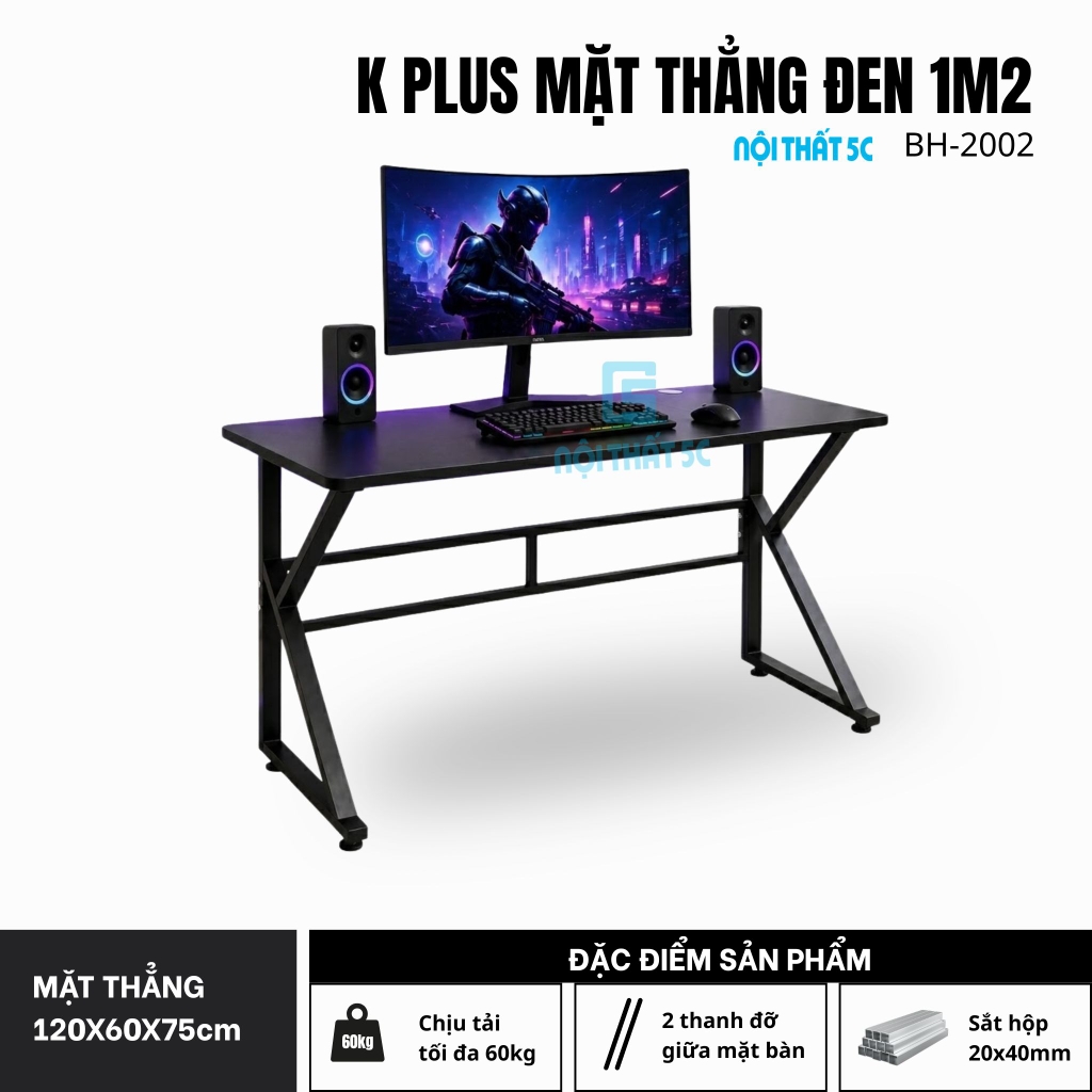 Bàn Gaming K Plus BH2002 2 thanh trợ lực, bàn làm việc kết nối 2 chân thanh giằng sắt kháng rung, bàn máy tính, bàn học khung sắt chân chữ K