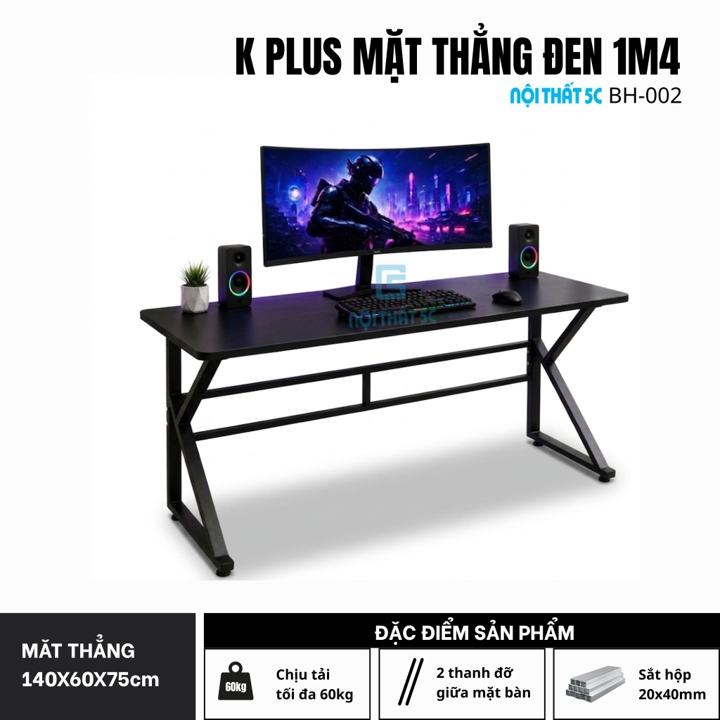 Bàn Gaming K Plus BH2002 2 thanh trợ lực, bàn làm việc kết nối 2 chân thanh giằng sắt kháng rung, bàn máy tính, bàn học khung sắt chân chữ K