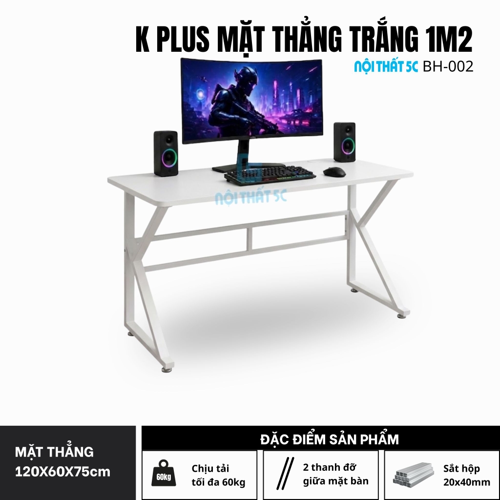 Bàn Gaming K Plus BH2002 2 thanh trợ lực, bàn làm việc kết nối 2 chân thanh giằng sắt kháng rung, bàn máy tính, bàn học khung sắt chân chữ K
