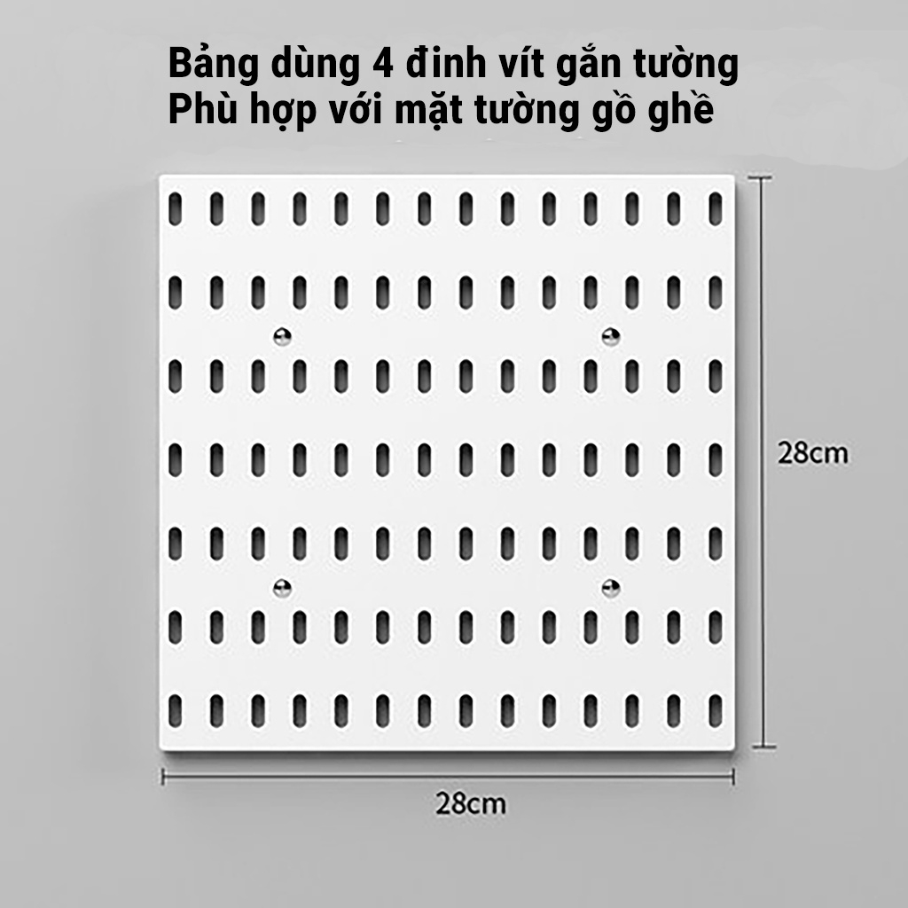 Kệ giá treo tường trang trí pegboard để đồ decor bàn học phòng bếp nhà tắm kèm phụ kiện, dán tường không cần khoan đục