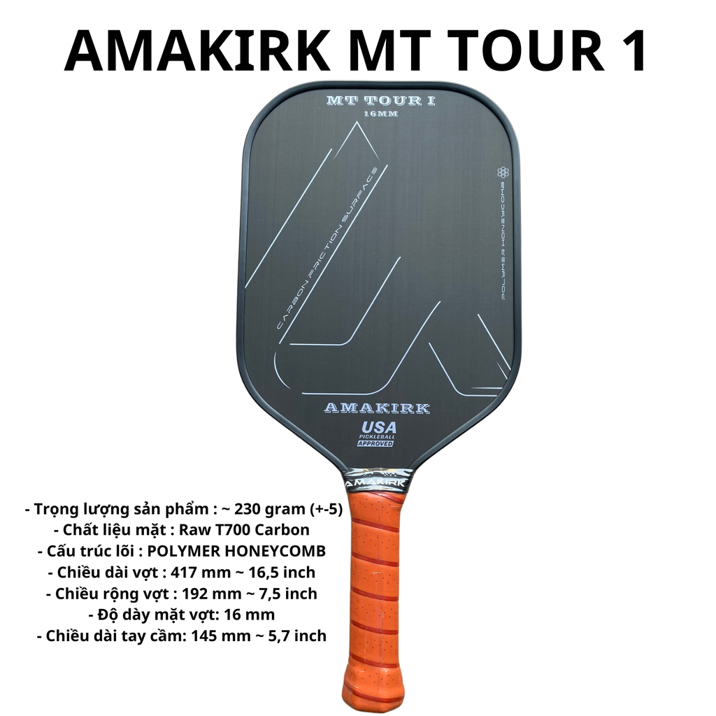Vợt Pickleball AMAKIRK MT TOUR 1, Chất Liệu Carbon 3K Cao Cấp- 230Gr
