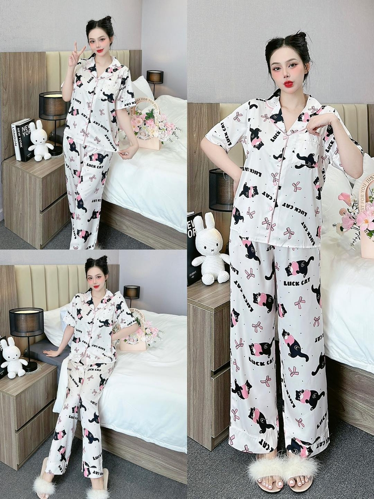 Đồ ngủ Pijama hàng hiệu form dài lụa cao cấp hottrent Họa tiết Luck Cat DN172240