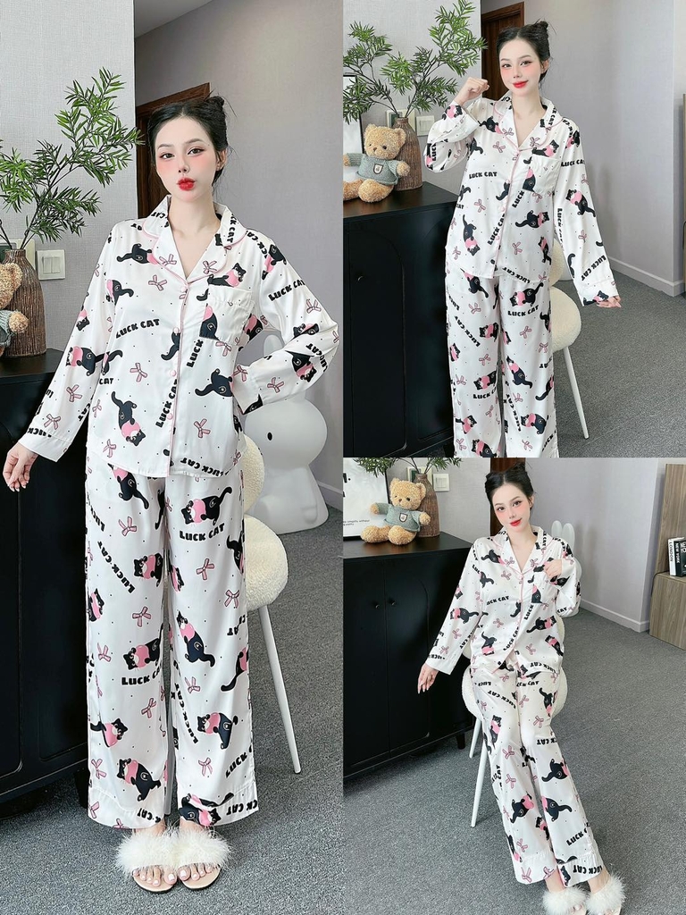 Đồ ngủ Pijama hàng hiệu form dài lụa cao cấp hottrent Họa tiết Luck Cat DN172240