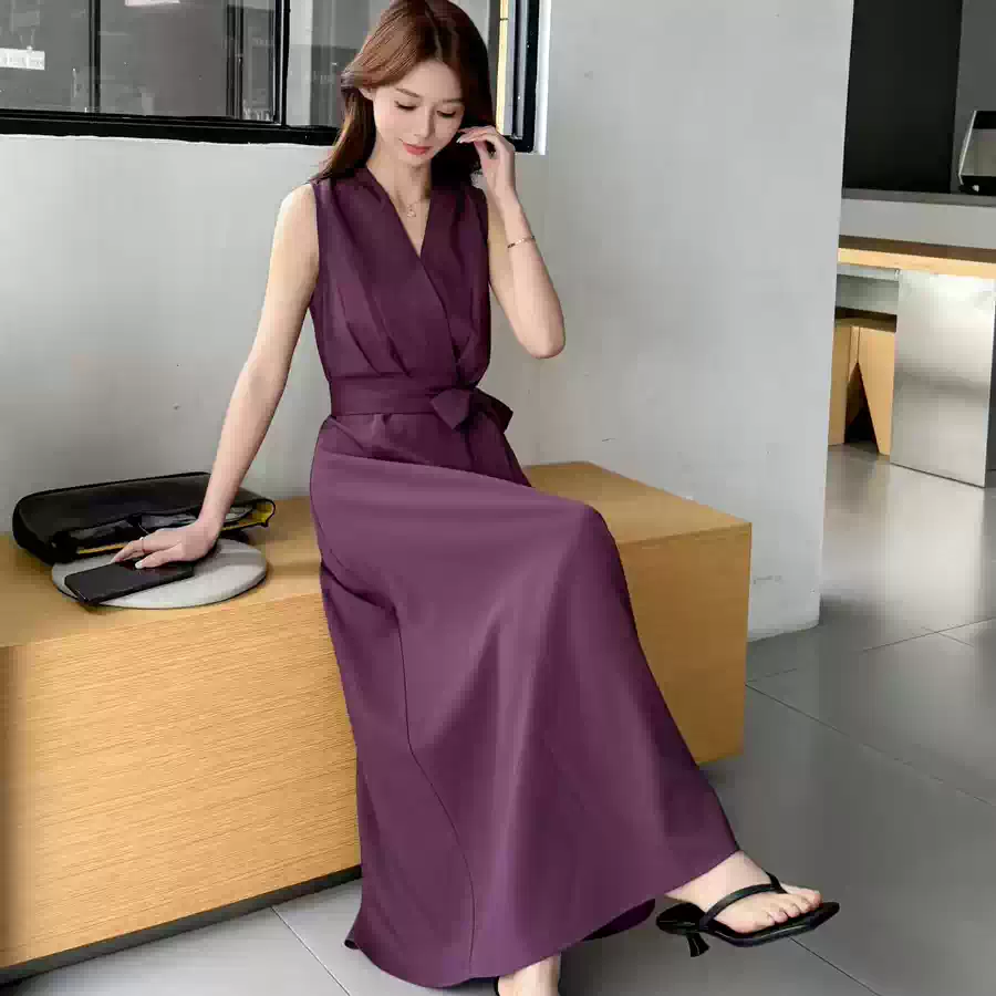 Đầm Wei  Phong cách Pháp thanh lịch cao cấp, thắt eo, cổ chữ V, không tay dành cho nữ B211