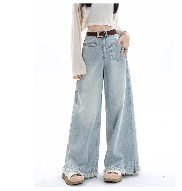 Quần Jean Nữ Ống Rộng Phong Cách Retro Mỹ, Gấu Sơ Vin, Cạp Cao, Dáng Suông Tôn Dáng, Thiết Kế Mới QJ060250