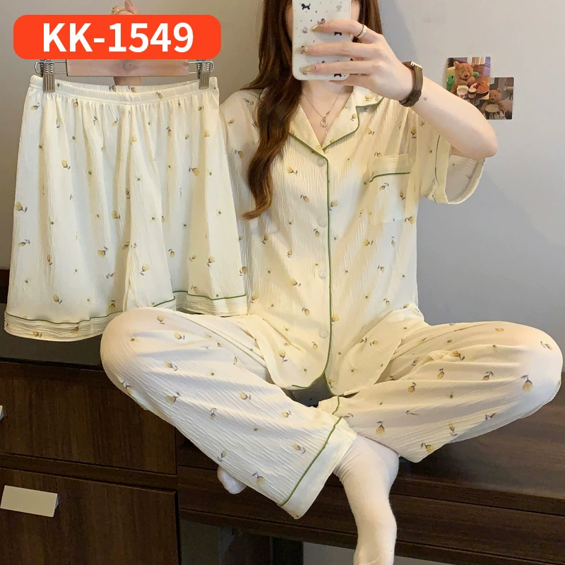 Bộ Đồ Ngủ Nữ Vải Nhăn 3 Món Tay Ngắn - Họa Tiết Nơ Ngọt Ngào Phong Cách Hàn