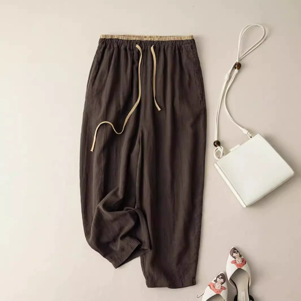 Quần vải ống rộng cotton lanh phong cách Hàn Quốc - cạp chun rút tôn dáng