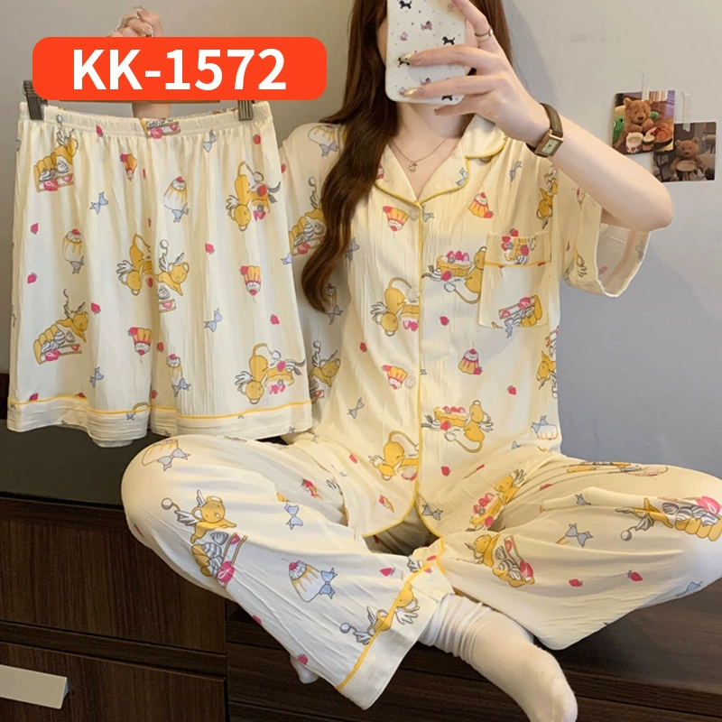 Bộ Đồ Ngủ Nữ Vải Nhăn 3 Món Tay Ngắn - Họa Tiết Nơ Ngọt Ngào Phong Cách Hàn