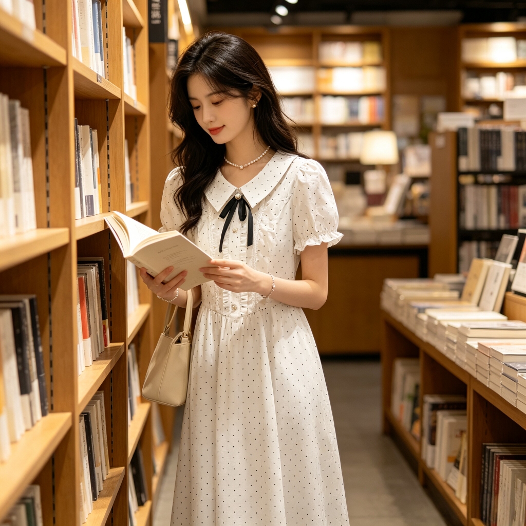 Đầm chấm bi nơ phong cách preppy B635