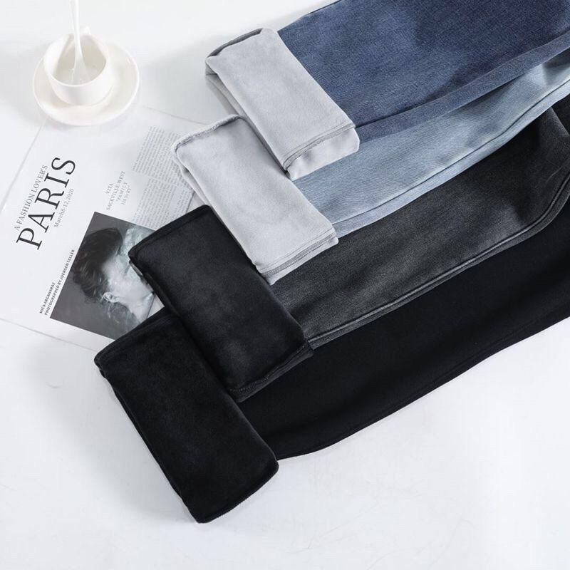 Quần jeans ống đứng Form rộng lót nhung dày ấm áp cho mùa thu đông XINY QJ038250