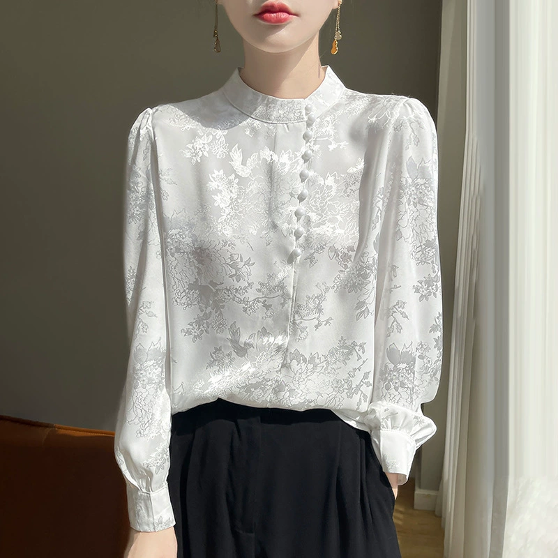 Áo Sơ Mi Nữ Tay Dài Phong Cách Trung Hoa - Cổ Đứng Dệt Jacquard, Cài Cúc Truyền Thống, Thanh Lịch