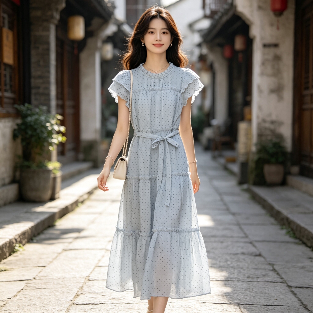 Đầm chấm bi tay cánh tiên phong cách Hàn B634
