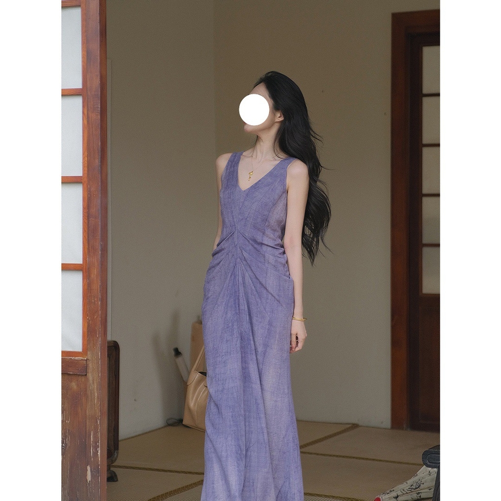 Đầm dạ hội maxi dáng dài cổ V sát nách màu tím D265240