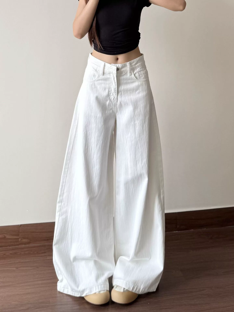 Quần Jeans Trắng Ống Rộng Cạp Thấp Tôn Dáng