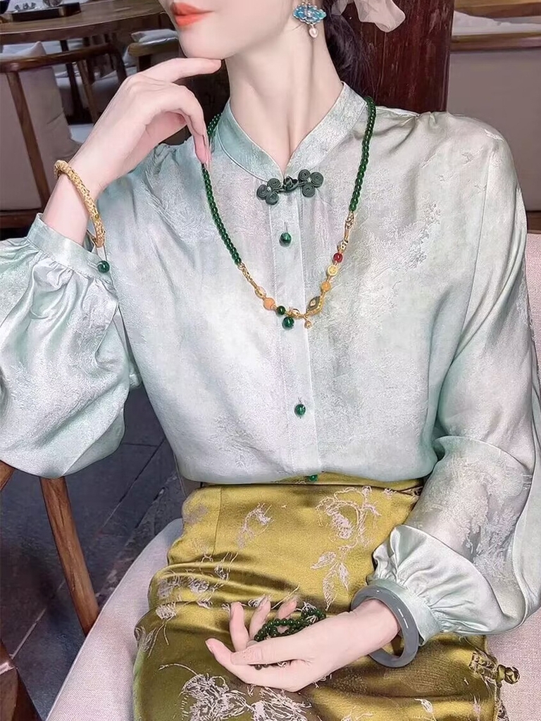 Áo lụa tơ tằm dâu tằm màu xanh lá cây Zhensi, nút jacquard cổ điển, phong cách Trung Hoa D112250