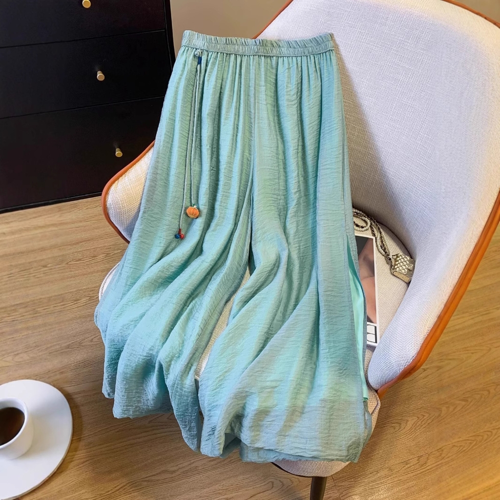 Quần Culottes Xẻ Hông Vải Lanh Cạp Cao Ống Rộng Xếp Nếp Thoáng Mát