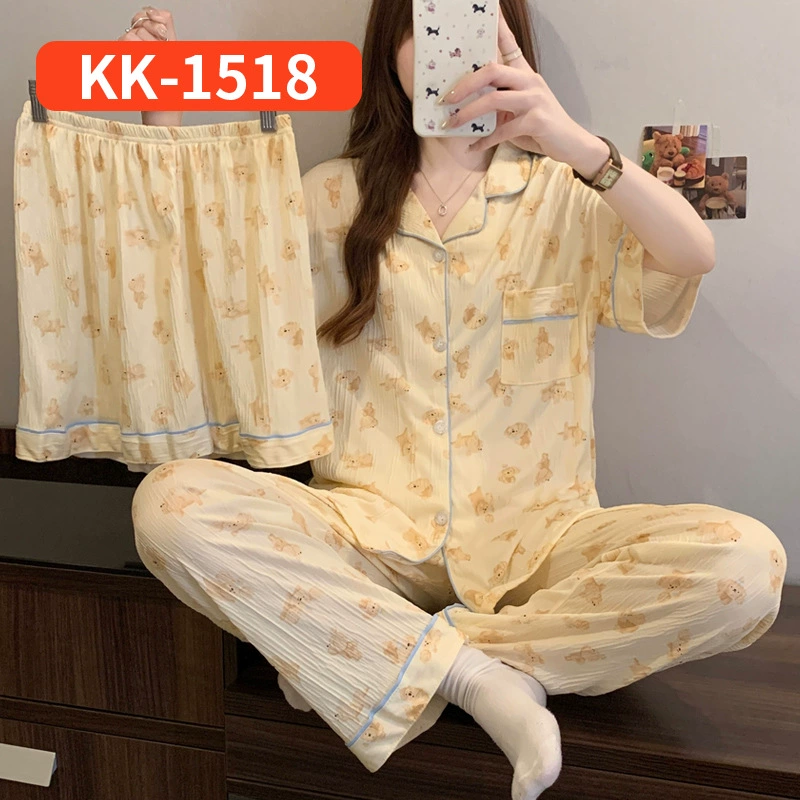 Bộ Đồ Ngủ Nữ Vải Nhăn 3 Món Tay Ngắn - Họa Tiết Nơ Ngọt Ngào Phong Cách Hàn