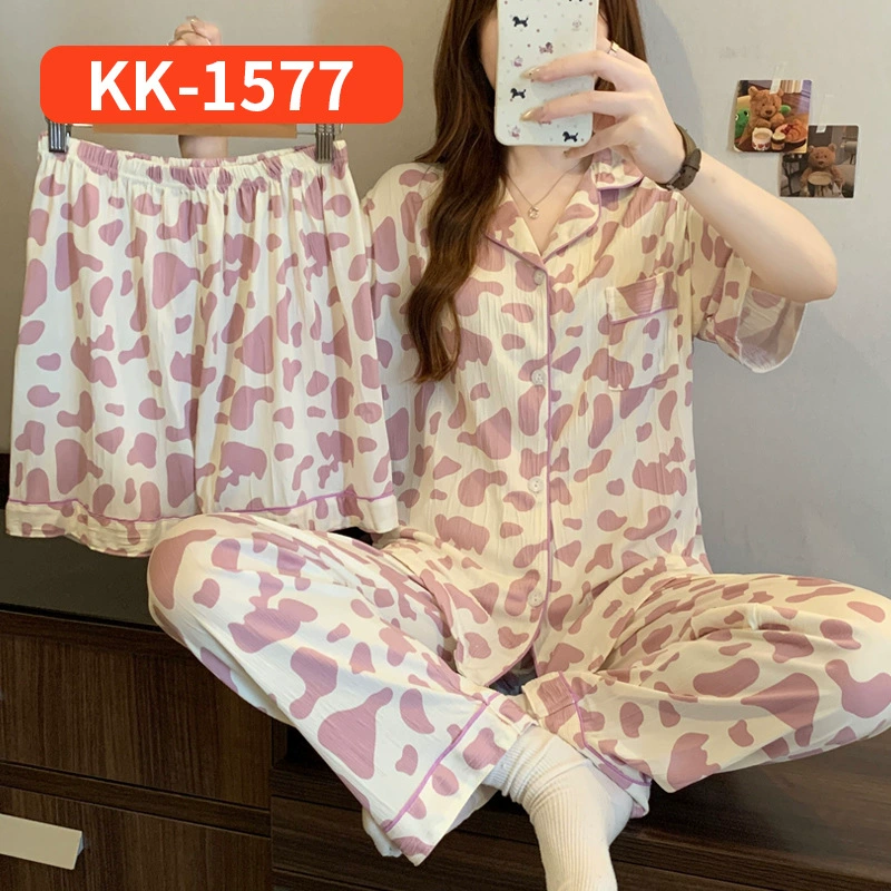 Bộ Đồ Ngủ Nữ Vải Nhăn 3 Món Tay Ngắn - Họa Tiết Nơ Ngọt Ngào Phong Cách Hàn