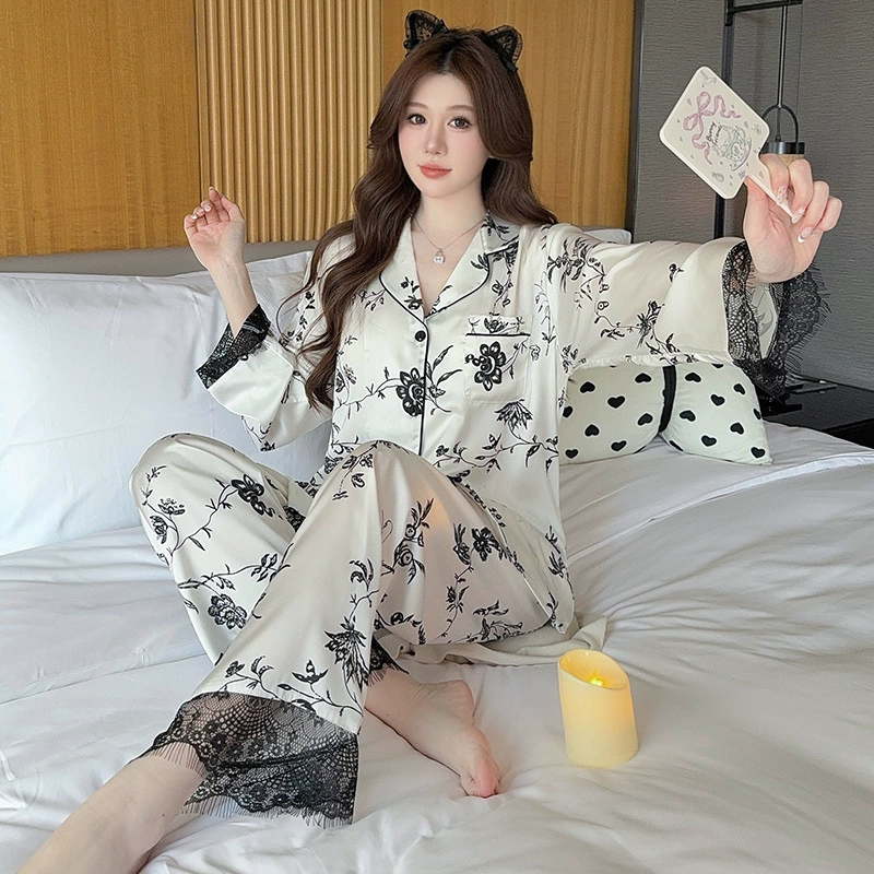 Bộ đồ ngủ lụa băng tay dài phong cách Pháp - vải lụa nhân tạo mát mẻ, nhiều hoạ tiết