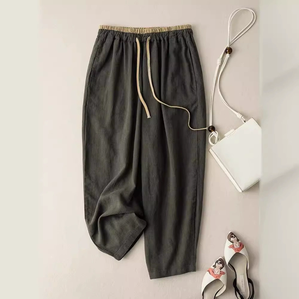 Quần vải ống rộng cotton lanh phong cách Hàn Quốc - cạp chun rút tôn dáng