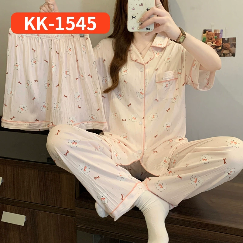 Bộ Đồ Ngủ Nữ Vải Nhăn 3 Món Tay Ngắn - Họa Tiết Nơ Ngọt Ngào Phong Cách Hàn