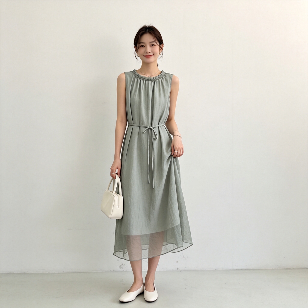 Đầm voan viền bèo buộc eo phong cách Hàn B4619