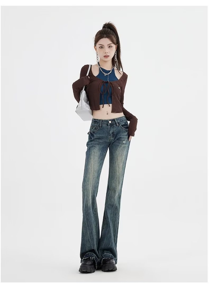 Quần jeans ống loe cạp trễ cổ điển phong cách Mỹ thêu họa tiết QJ030250