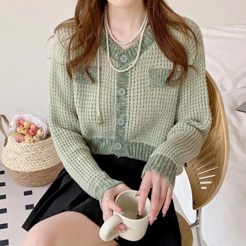 Áo khoác len dệt kim phối viền đính cúc thanh lịch nhẹ nhàng xu hướng thu đông D366240