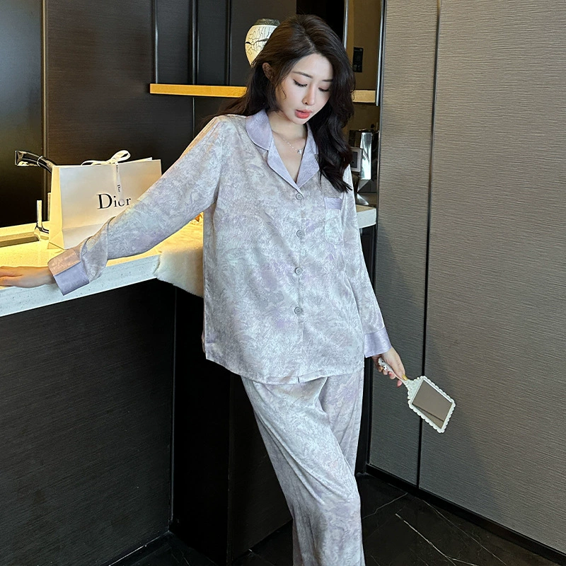 Bộ đồ ngủ cao cấp nữ, vải satin lụa lạnh, dài tay in họa tiết tím, khí chất, mặc nhà sang trọng DN1652501