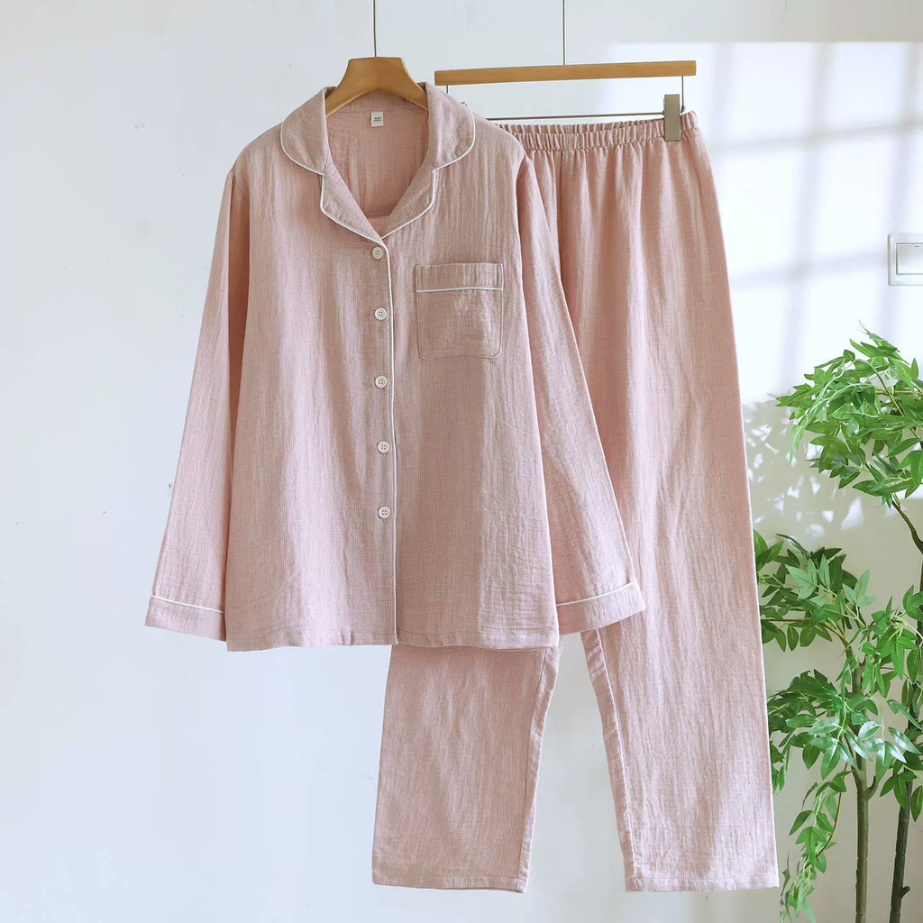 Bộ Đồ Ngủ Pyjama Vải Xô Cotton Jacquard Dài Tay Họa Tiết Vintage
