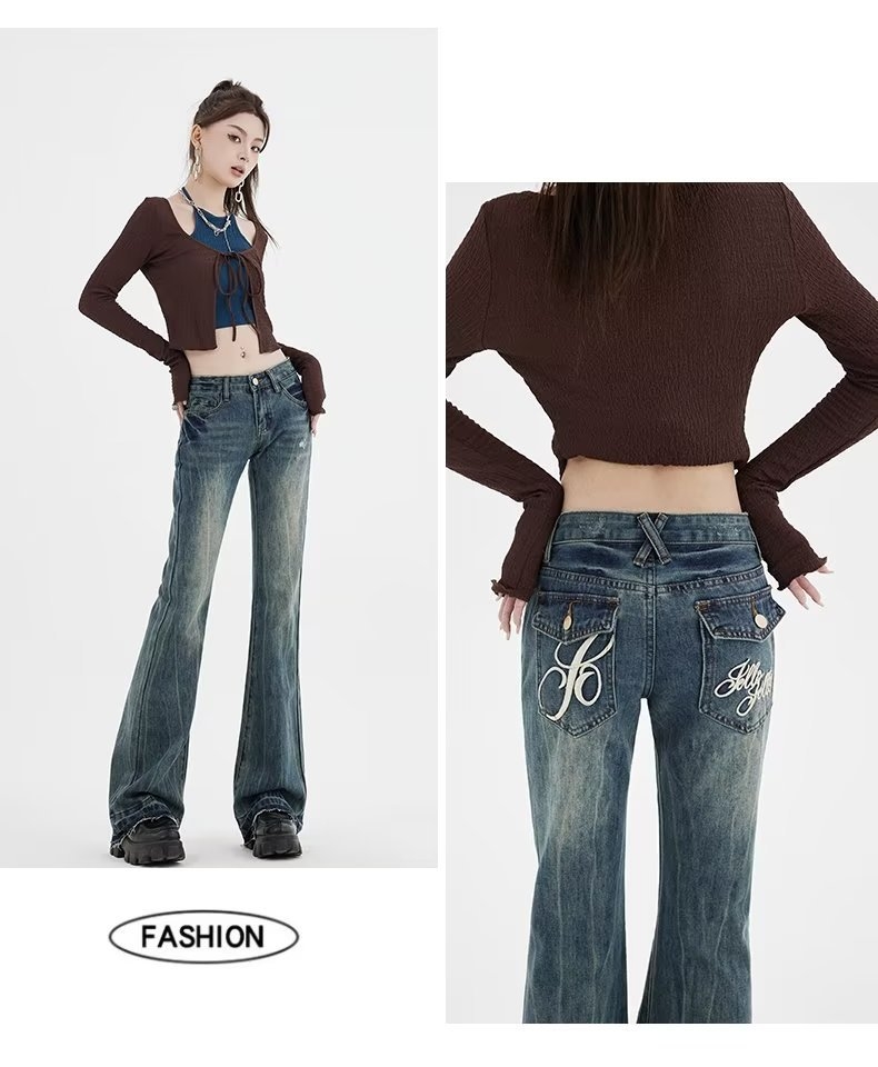 Quần jeans ống loe cạp trễ cổ điển phong cách Mỹ thêu họa tiết QJ030250