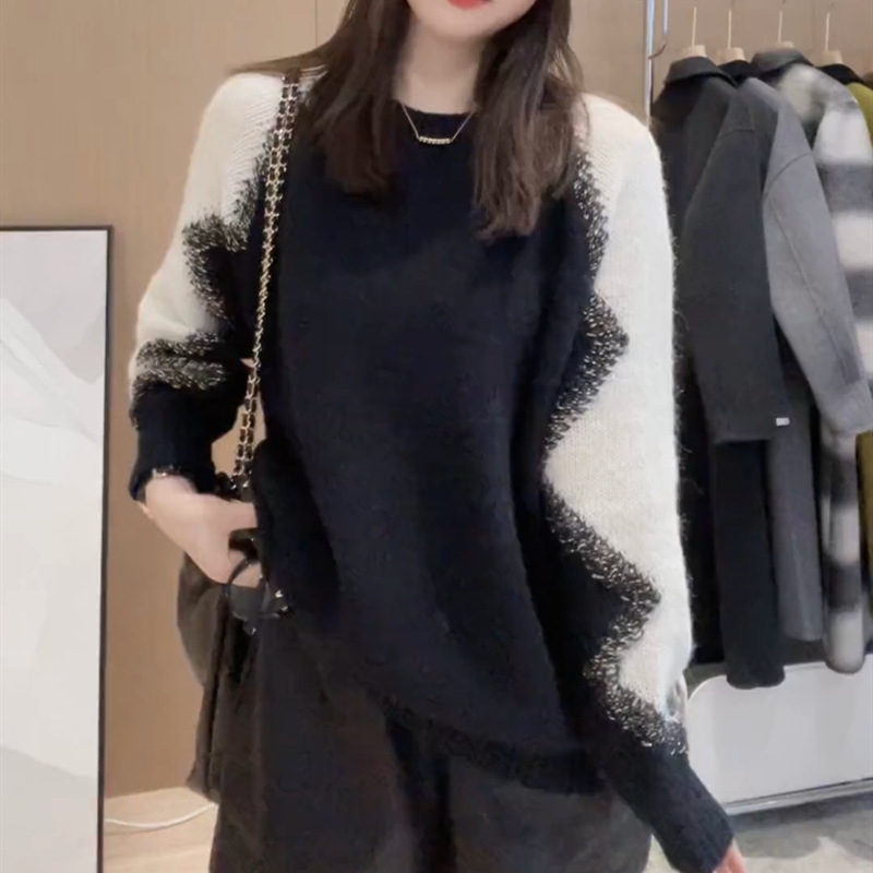 Áo Sweater len dệt kim phối cánh tay tương phản phong cách Hàn Quốc xu hướng thu đông mới D362240