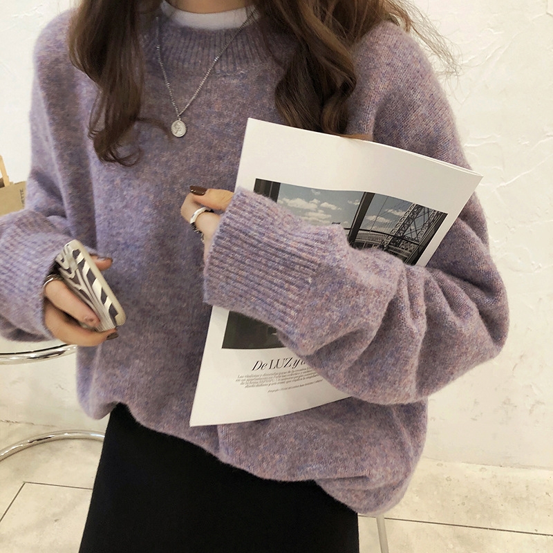 Áo Sweater len dệt kim màu trơn basic cổ tròn kiểu pháp xu hướng thu đông D386240