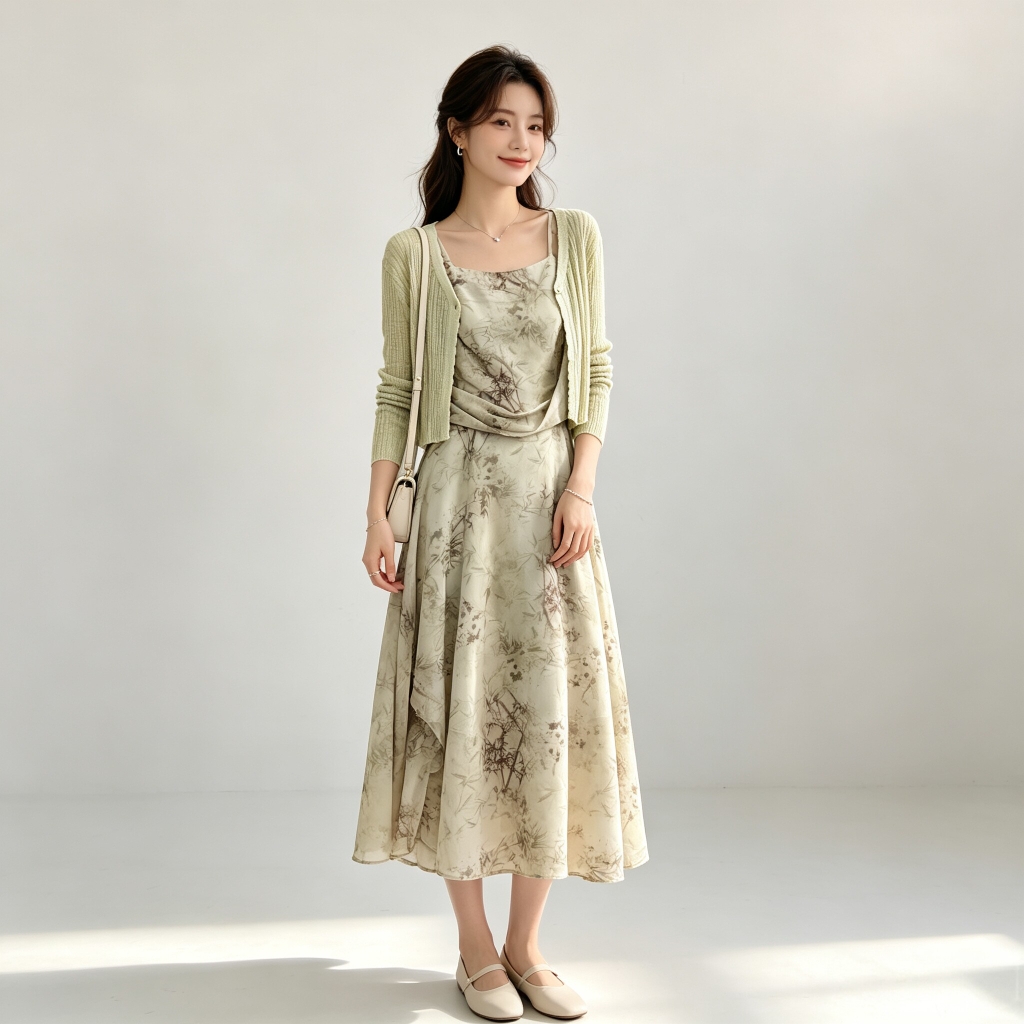 Set 2 món: Áo khoác + Đầm hoa nhí phong cách Pháp B681