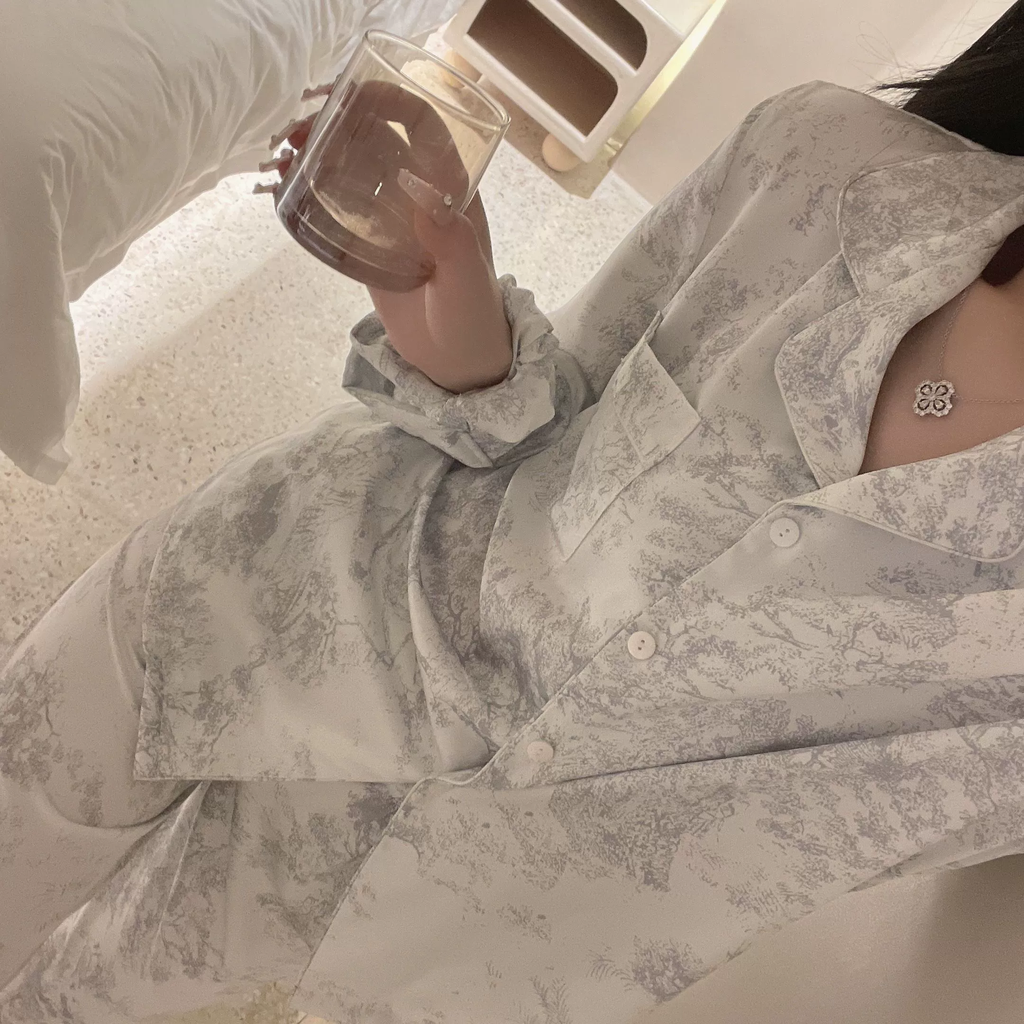 Bộ Đồ Ngủ Pijama Nữ Lụa Băng Kiểu Pháp - Áo Cổ Bẻ Dài Tay In Họa Tiết Phối Quần Dài, Nhiều Họa Tiết
