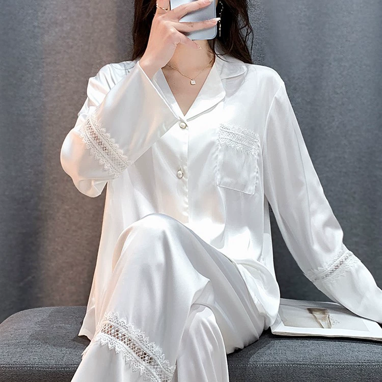 Bộ Đồ Ngủ Lụa Băng Mùa Xuân Thu, Mặc Ngoài Ren Đôi Quần Dài Tay Đơn Giản DN155250