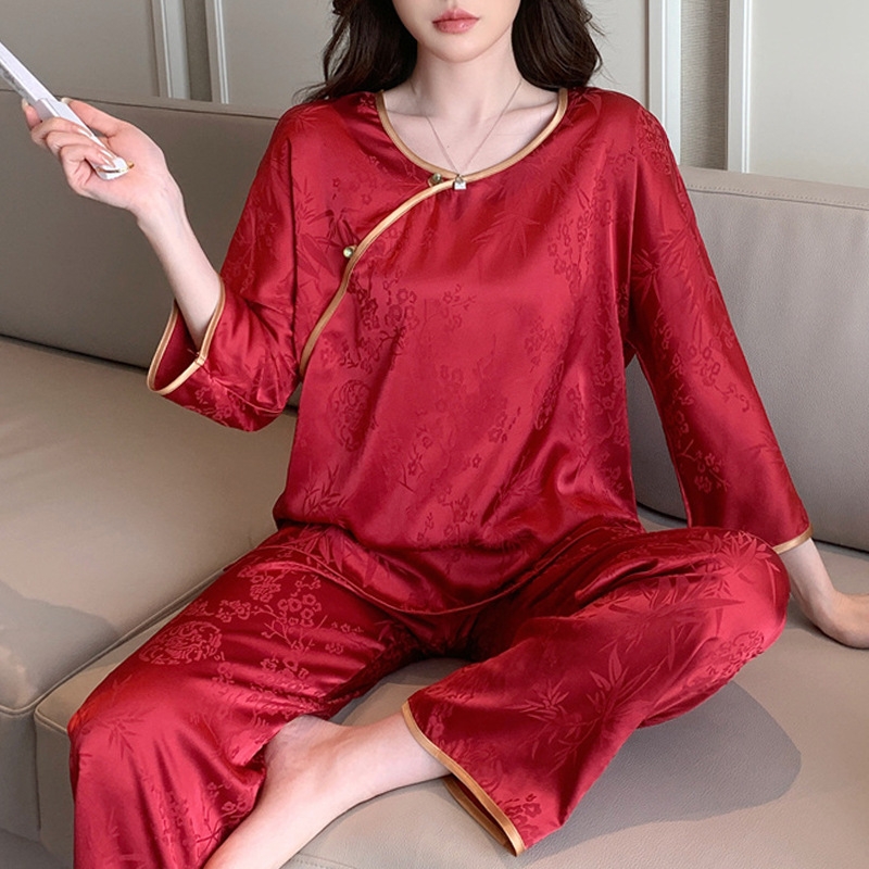 Bộ đồ ngủ màu đỏ nữ hai mảnh lụa băng mỏng phong cách Trung Quốc XINY DN110250