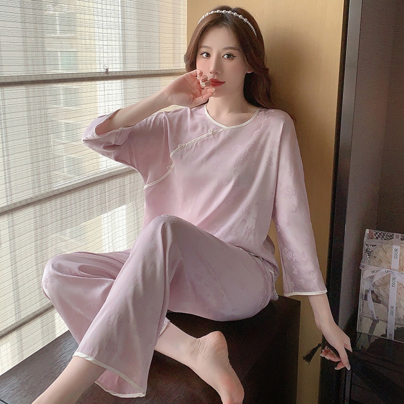 Bộ đồ ngủ phong cách Trung Hoa cao cấp lụa băng cổ tròn XINY DN106250