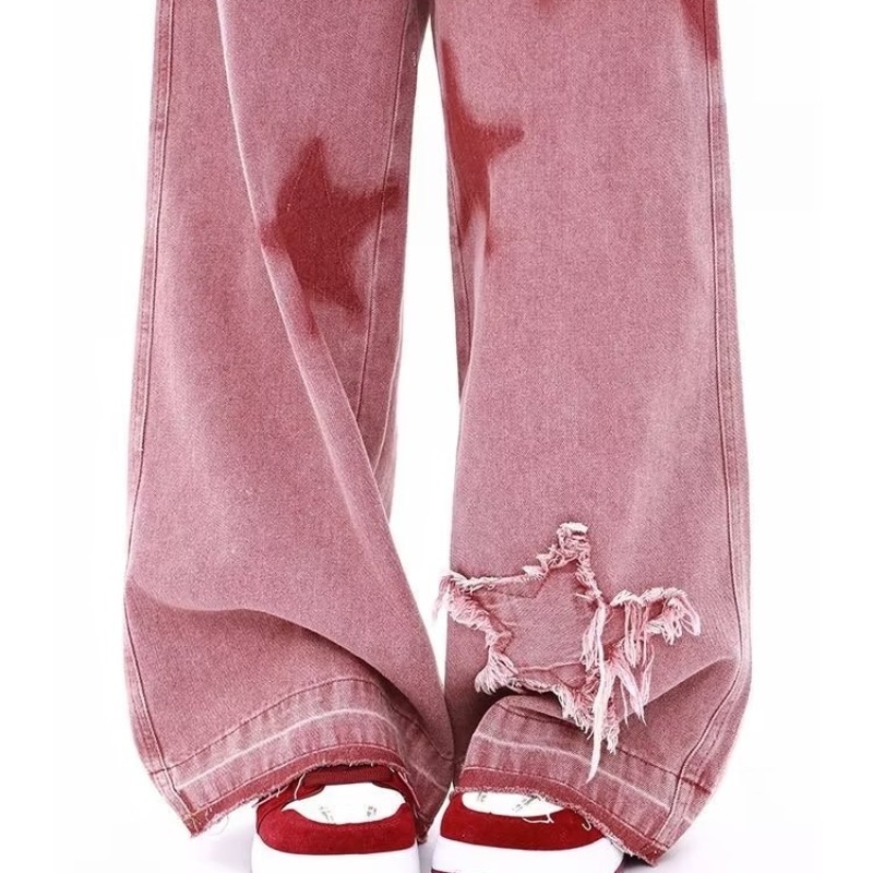 Quần jeans màu hồng họa tiết ngôi sao ống rộng thêu họa tiết dáng suông QJ025250