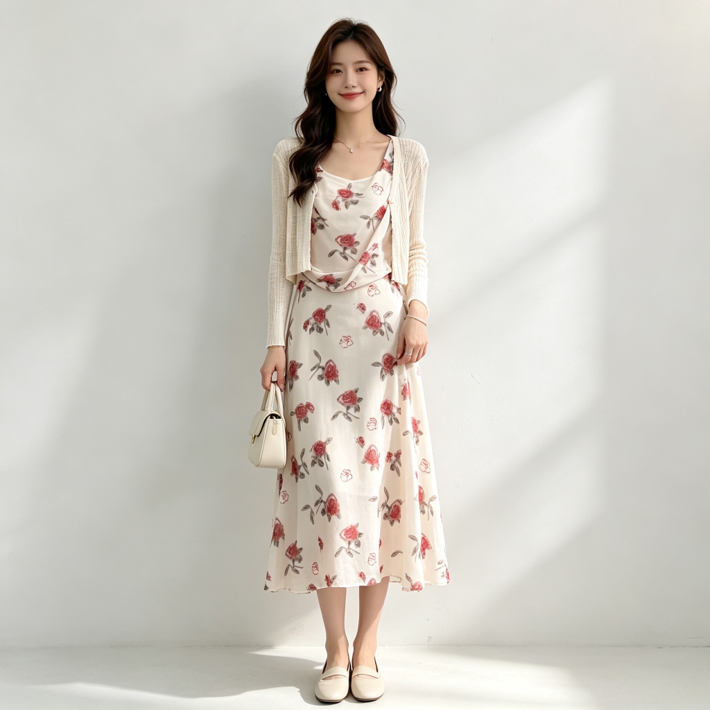 Set 2 món: Áo khoác + Đầm hoa nhí phong cách Pháp B681